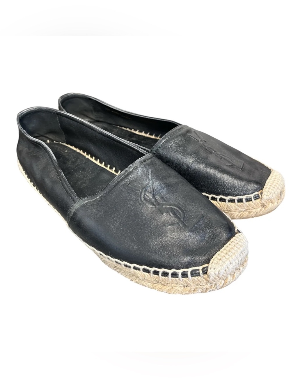 Saint Laurent Black Leather Espadrille Flats with Embossed YSL